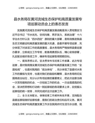 县水务局在黄河流域生态保护和高质量发展专项巡察动员会上的表态发言