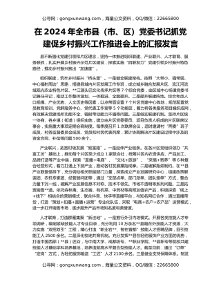 在2024年全市县（市、区）党委书记抓党建促乡村振兴工作推进会上的汇报发言