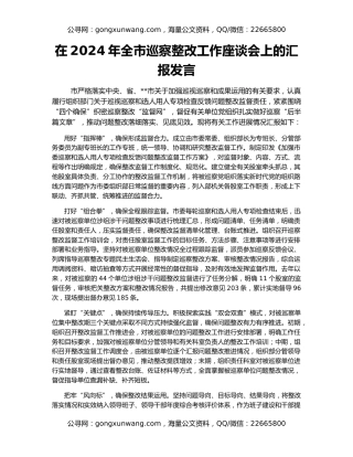 在2024年全市巡察整改工作座谈会上的汇报发言