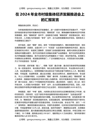 在2024年全市村级集体经济发展推进会上的汇报发言