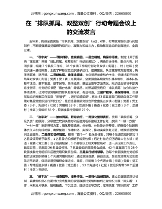 在“排队抓尾、双整双创”行动专题会议上的交流发言