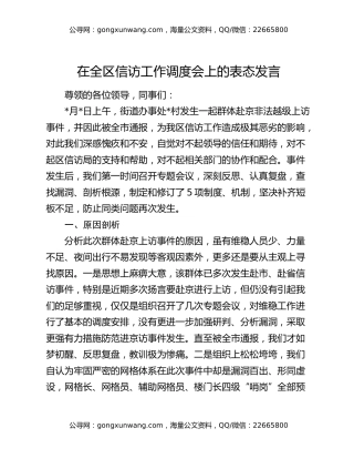在全区信访工作调度会上的表态发言
