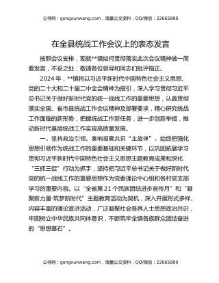在全县统战工作会议上的表态发言