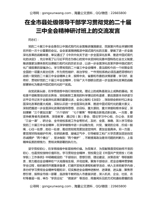在全市县处级领导干部学习贯彻党的二十届三中全会精神研讨班上的交流发言（3）