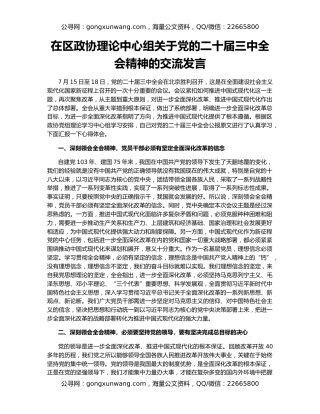 在区政协理论中心组关于党的二十届三中全会精神的交流发言