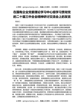 在国有企业党委理论学习中心组学习贯彻党的二十届三中全会精神研讨交流会上的发言