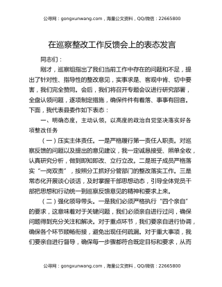 在巡察整改工作反馈会上的表态发言