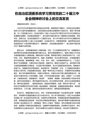 在自治区团委系统学习贯彻党的二十届三中全会精神研讨会上的交流发言