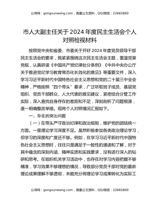 市人大副主任关于2024年度民主生活会个人对照检视材料