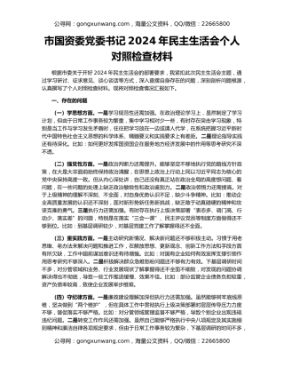 市国资委党委书记2024年民主生活会个人对照检查材料
