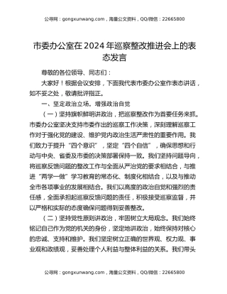 市委办公室在2024年巡察整改推进会上的表态发言