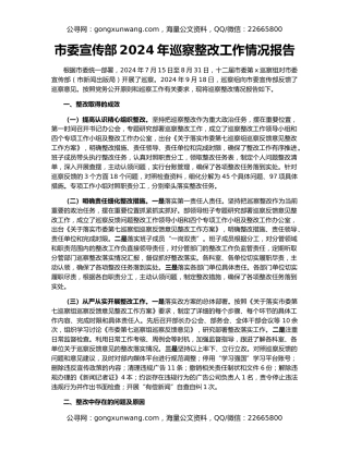 市委宣传部2024年巡察整改工作情况报告