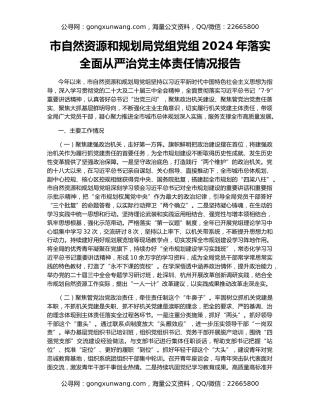 市自然资源和规划局党组党组2024年落实全面从严治党主体责任情况报告