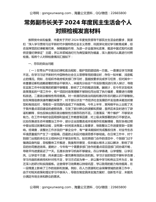 常务副市长关于2024年度民主生活会个人对照检视发言材料