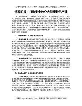 情况汇报：打造安全放心大健康特色产业