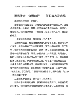 担当使命，奋勇前行——任职表态发言稿