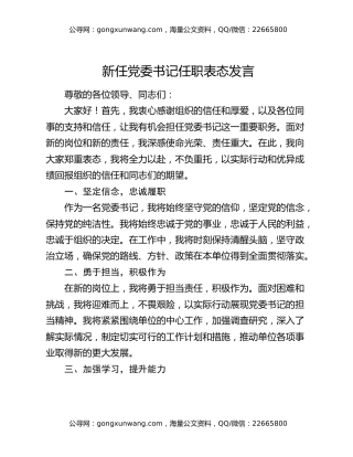 新任党委书记任职表态发言