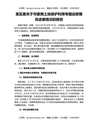 某区委关于市委黑土地保护利用专题巡察整改进展情况的报告