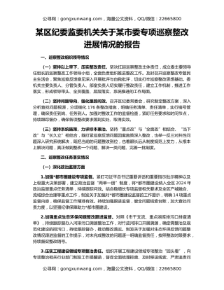 某区纪委监委机关关于某市委专项巡察整改进展情况的报告