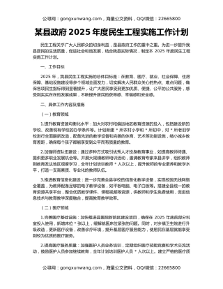 某县政府2025年度民生工程实施工作计划