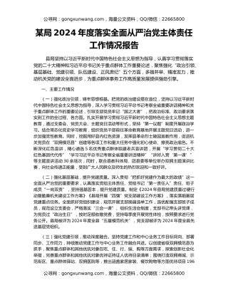 某局2024年度落实全面从严治党主体责任工作情况报告