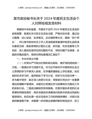 某市政协秘书长关于2024年度民主生活会个人对照检视发言材料
