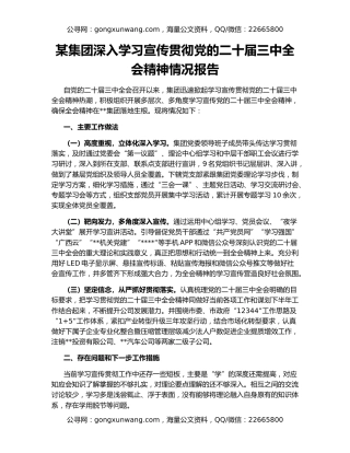某集团深入学习宣传贯彻党的二十届三中全会精神情况报告