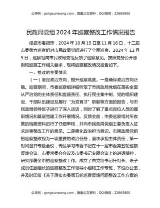 民政局党组2024年巡察整改工作情况报告