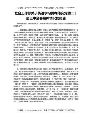 社会工作部关于传达学习贯彻落实党的二十届三中全会精神情况的报告