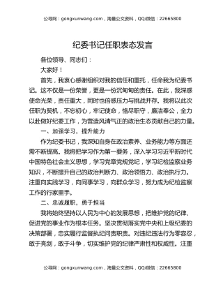 纪委书记任职表态发言