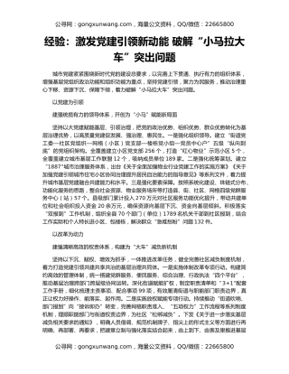 经验：激发党建引领新动能 破解“小马拉大车”突出问题