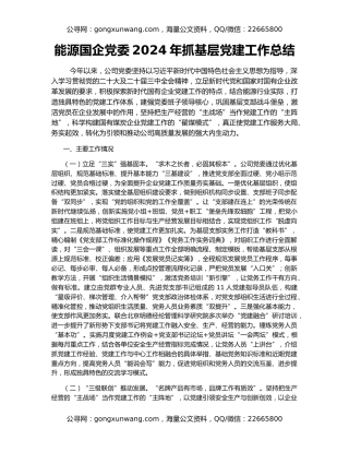 能源国企党委2024年抓基层党建工作总结