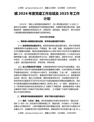 镇2024年度党建工作总结及2025年工作计划