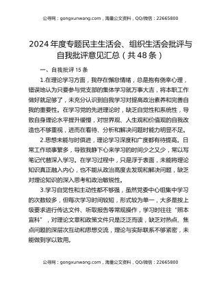 2024年度专题民主生活会、组织生活会批评与自我批评意见汇总（共48条）