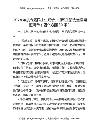 2024年度专题民主生活会、组织生活会查摆问题清单（四个方面30条）