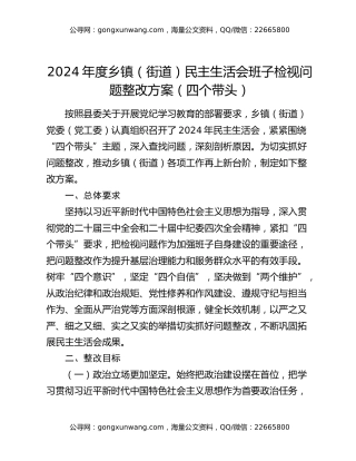 2024年度乡镇（街道）民主生活会班子检视问题整改方案（四个带头）