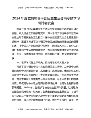 2024年度党员领导干部民主生活会前专题学习研讨会发言
