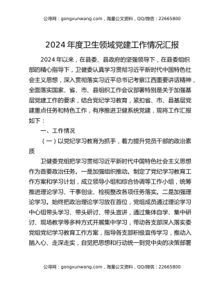 2024年度卫生领域党建工作情况汇报