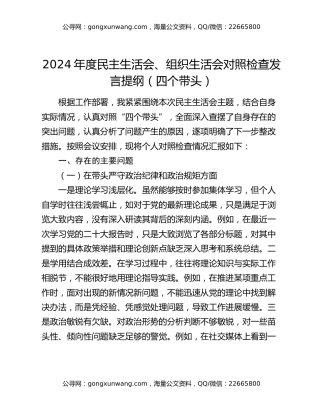 2024年度民主生活会、组织生活会对照检查发言提纲（四个带头）