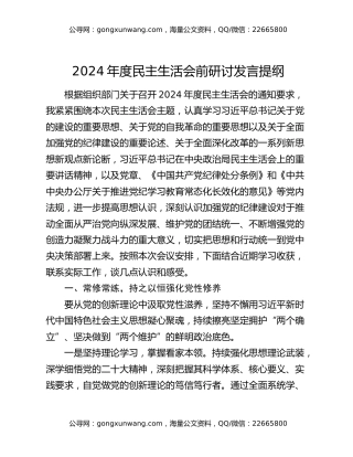 2024年度民主生活会前研讨发言提纲