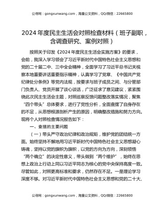 2024年度民主生活会对照检查材料（班子副职，含调查研究、案例对照）