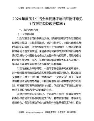 2024年度民主生活会自我批评与相互批评意见（存在问题及改进措施）