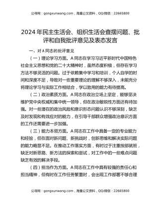 2024年民主生活会、组织生活会查摆问题、批评和自我批评意见及表态发言