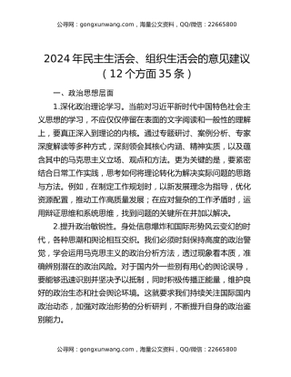 2024年民主生活会、组织生活会的意见建议（12个方面35条）