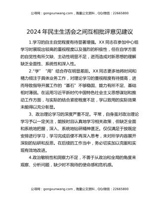 2024年民主生活会之间互相批评意见建议
