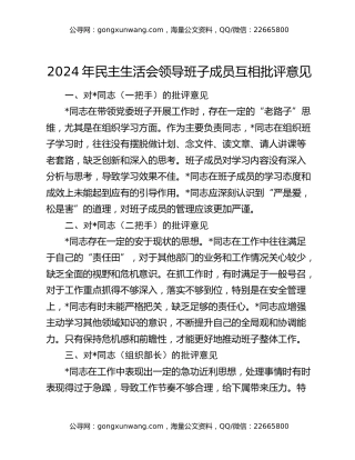 2024年民主生活会领导班子成员互相批评意见