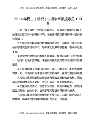 2024年民主（组织）生活会互相提意见100条