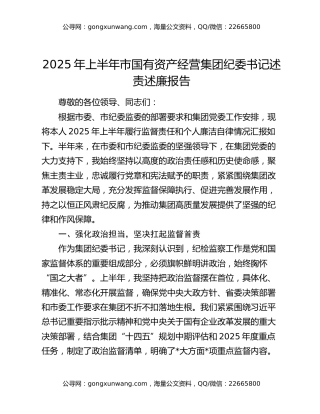 2025 年上半年市国有资产经营集团纪委书记述责述廉报告