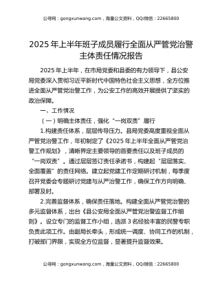2025年上半年班子成员履行全面从严管党治警主体责任情况报告