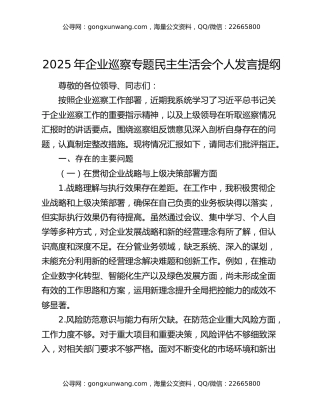 2025年企业巡察专题民主生活会个人发言提纲